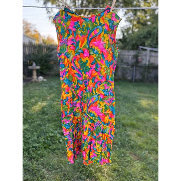 Vintage 1960s 70s Psychedelic Floral Sleeveless Day Dress Mod Festival Boho - Picture 1 of 6